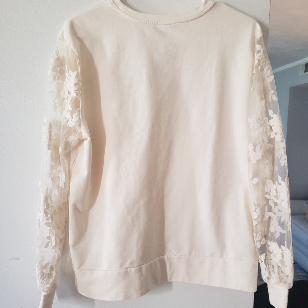 cream, laced-sleeve sweater
